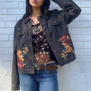 2000s Embroidered Dark Wash Denim Jacket M Romantic Grunge Fairy
